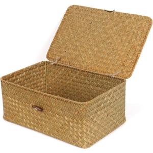 FEIALNDUO Wicker Shelf Baskets with Lid,Seagrass Storage Basket Bins Rectangular Handwoven Basket Boxes for Shelves Desktop Home Organizer (Natural, Medium)