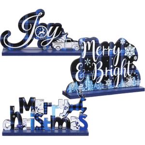 Blulu 3 Christmas Centerpieces for Tables Blue Merry Christmas Table Decorations Tabletop Wooden Sign Farmhouse Winter Centerpieces for Holiday Party Indoor Decor