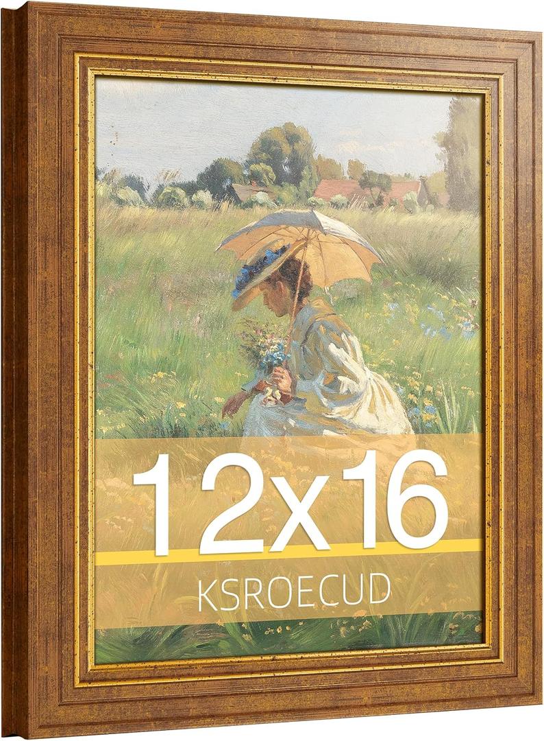 12x16 Wood Picture Frame, HD Real Glass 12x16 Ornate Natural Wooden Vintage Photo Frame, 12 by 16 Painting Poster Frame with Brown Border and Gold Distressed Rust-Like Finish for Art, Tabletop or Wall Decor (1 Pack）