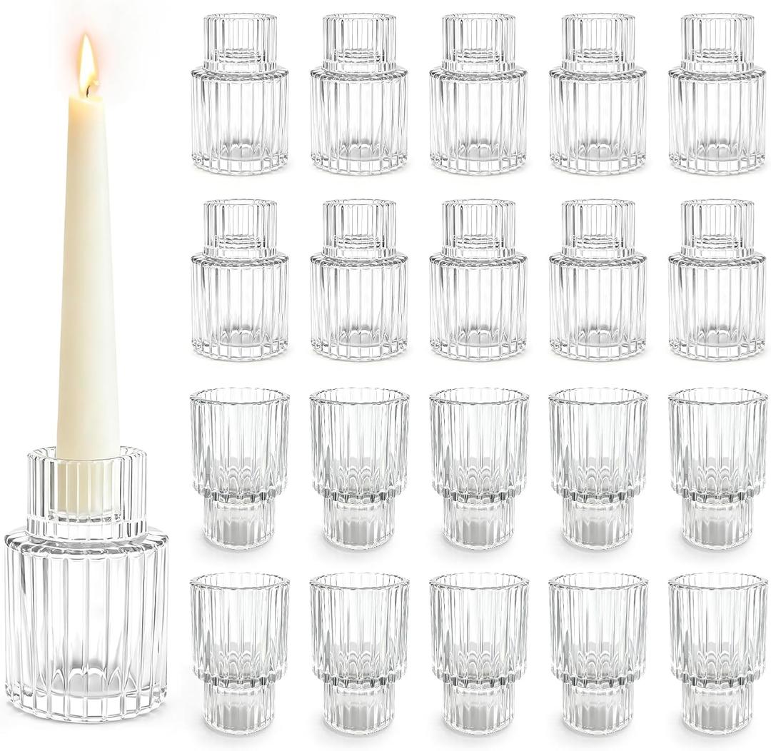Glass Candle Stick Holder: 20 Pcs Small Candlestick Holders Bulk for Wedding Clear Fluted Taper Candle Holders for Table Centerpiece Baby Shower Christmas Birthday Party Event