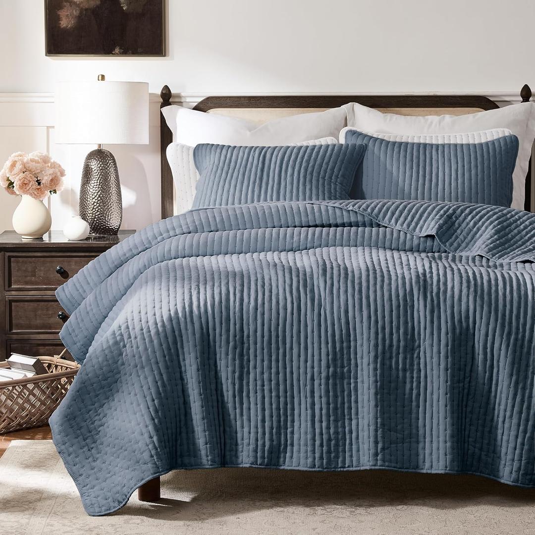 WDCOZY Blue Cross Stitch Queen Size Quilt Set, Striped Lightweight Soft Bedspread, Channel Farmhouse Rustic Coverlet, All Season Country Bedding, Thin Comforter (Queen(90"x90"))