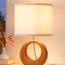 EDISHINE 13.4" Small Table Lamp, Wood Nightstand Lamp with Beige Linen Lampshade & ON-Off Switch, E26 Base, Boho Bedside Lamp for Living Room, Bedroom, Dark Pearwood