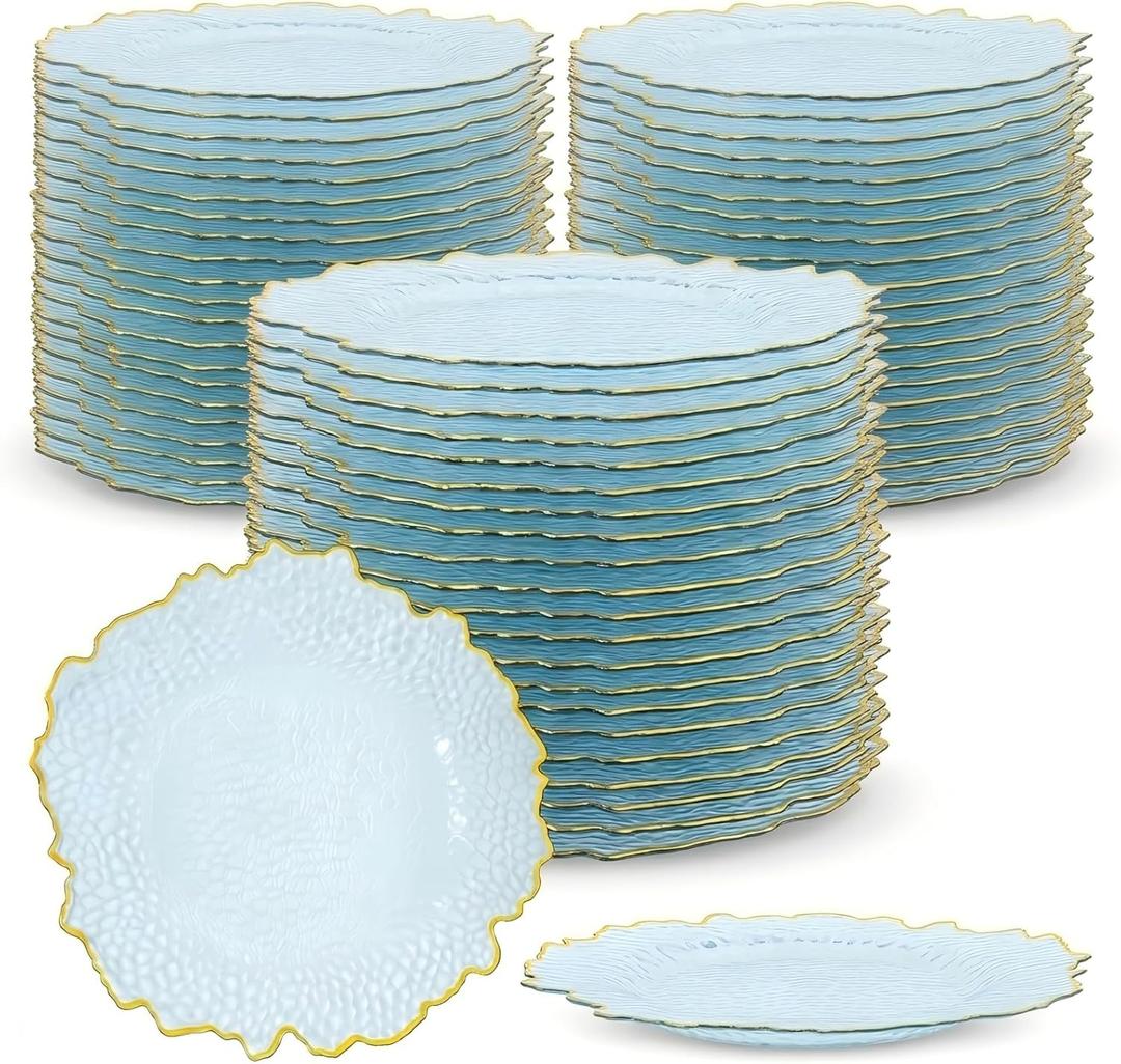100 Pcs Clear Charger Plates 13 Inch Hammered Blue Plastic Charger Plates with Gold Rim, Transparent Blue Chargers for Dinner Plate, Stone Texture Plate Round Chargers for Wedding Party, Event