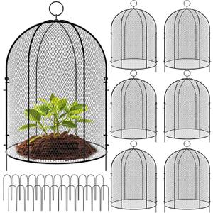 Novabright 6 Pack Garden Cloches for Plants 12" x 16" with Stakes & Zip Ties, Plant Covers from Animals Large Metal Mesh Chicken Wire Cloche Plant Protector Cage for Vegetable Garden Outdoor (Black)