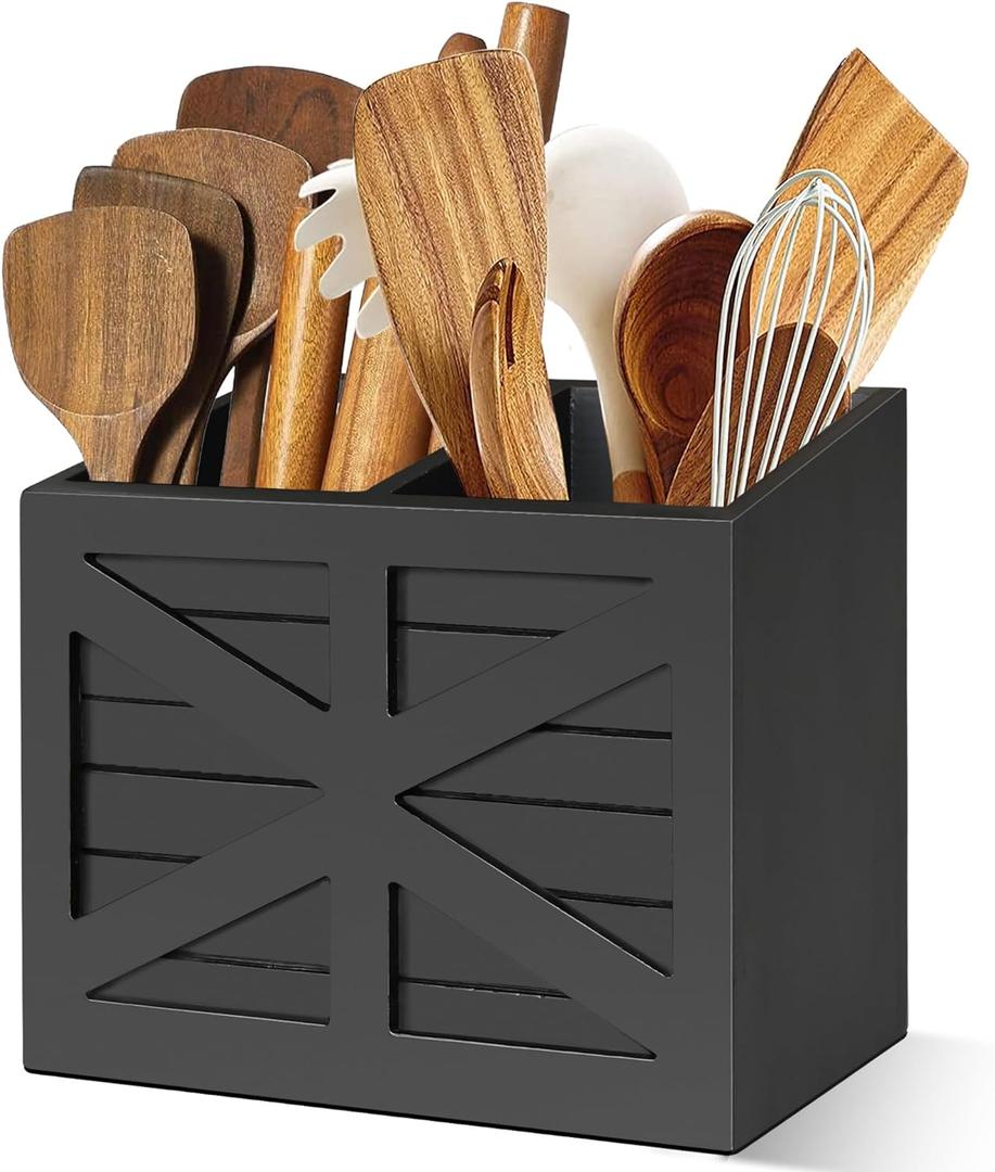 Wood Utensil Holder, Large Kitchen Utensil Holder for Countertop, Cooking Utensil Organizer for Flatware, Black Utensil Caddy with 2 Compartments, Rustic Utensils Organizer for Kitchen Counter (Black)