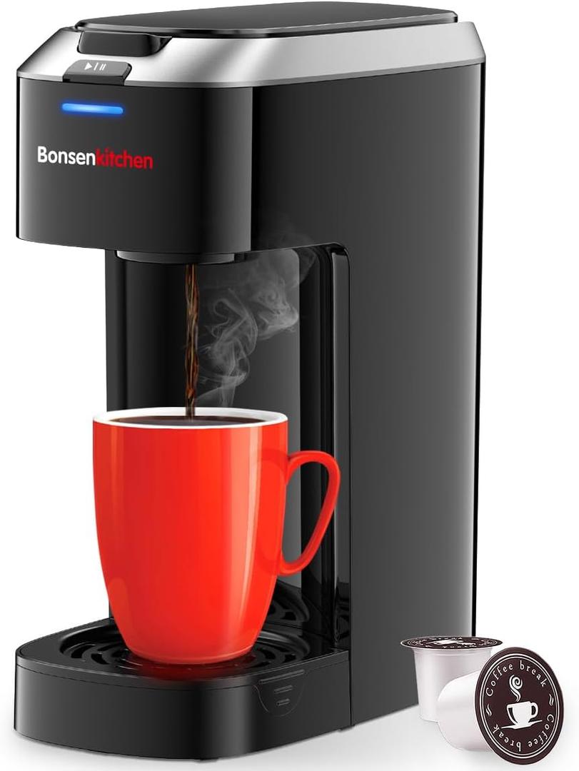 Bonsenkitchen Single Serve Coffee Maker K Cup Pod with 6-14oz Brew Size- 3 Min Fast Brewing Machine with Strength Control, BPA-free Materials, Fits 6.6" Travel Mugs, Silver, Upgrade, Black