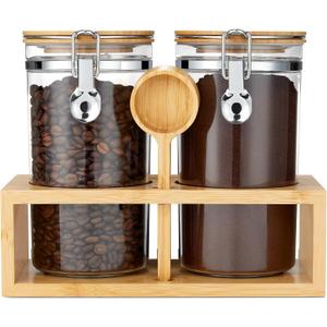 Yangbaga 2Pcs Coffee Sugar Canisters with Shelf, 38OZ Plastics Storage Containers for Ground Coffee Bean Storage with Lid Airtight Locking Clamp and Coffee Scoop, Food Storage Jar for Kitchen