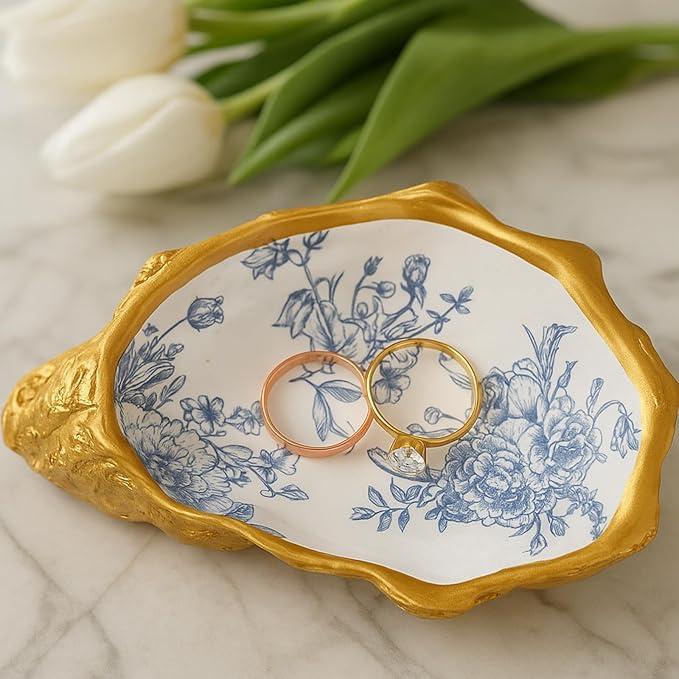 Oyster Shell Shape Jewelry Tray 4.3 x 2.5 Inch Blue Floral Lace Trinket Dish Shell Jewelry Ring Trinket Earrings Holder Resin Bowl Birthday Mothers Day Gifts for Women Girls Friends