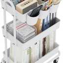 3-Tier Utility Cart with Wheels, Rolling Cart with 3 Hanging Baskets, Storage Shelves, Multi-Functional Organizer Cart for Bathroom, Office, Kitchen, White