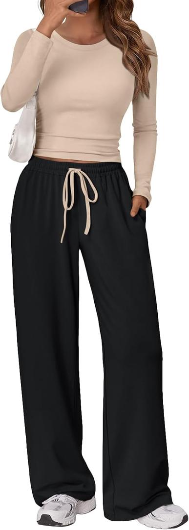 Trendy Queen Women's 2 Piece Matching Lounge Set Long Sleeve Side Ruching Top Wide Leg Drawstring Pants Set with Pockets, Large