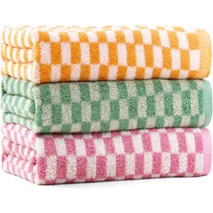 Checkered Bath Towels Set of 3, 100% Cotton Bath Towels Large, 600GSM, 55 * 28 in, Luxury Shower Towels for Bathroom, Soft Absorbent Quick-DryOrange+Dark Green+Pink