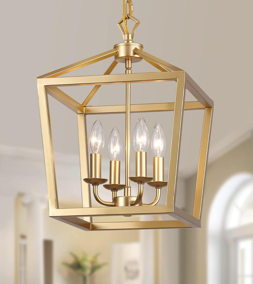 Gold Lantern Chandelier Hanging Pendant Light Fixture 4-Lights for Kitchen Island Dining Room Hallway Entryway Foyer UL Listed, 17.5 inches