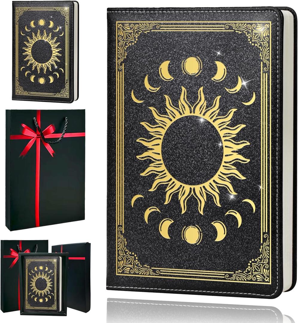 Premium Leather Journal for Women - Moon Phase A5 Notebook with 100gsm Thick Paper, Travel Journal Gift Set (Moon Phase Black)