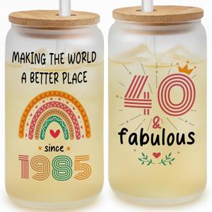 Vivulla68 40th Birthday Gifts Women Men - 40 Year Old Gifts For Her Him - 40th Birthday Ideas - 1985 Birthday Gift - Turning Forty - Forty Birthday Frosted Glass With Lid And Straw