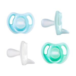 Tommee Tippee Ultra-Light Silicone Pacifier, 0-6 Months, Symmetrical One-Piece Design, BPA-Free Silicone Binkies, Blue/Green/Clear, Pack of 4