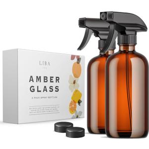 LiBa Amber Glass Spray Bottles 2 Pack, 16 oz Refillable Empty Spray Bottle for Cleaning, Essential Oils, Hair, Plants, Adjustable Nozzle for Squirt and Mist, Bleach/Vinegar/Rubbing Alcohol Safe