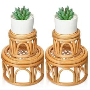 Wenqik 4 Pcs Boho Rattan Plant Stand Woven Wicker Round Riser Stand Indoor Rustic Farmhouse Natural Circle Plant Pedestal Round Accent Centerpiece for Home Kitchen Office Display, 2 Size