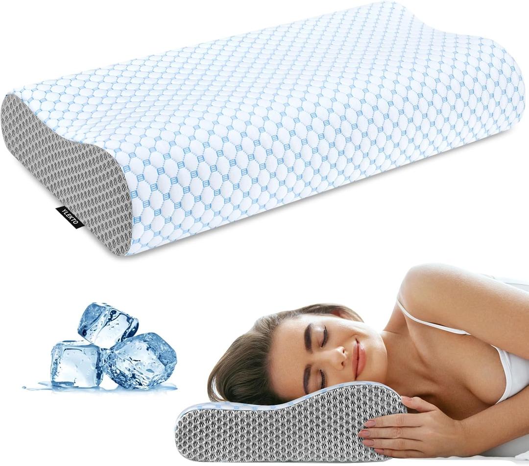 Cervical Neck Pillow for Pain Relief, Contour Memory Foam Pillows for Sleeping, Odorless Ergonomic Pillow Adjustable Orthopedic Cooling Pillow Bed Pillow Neck Support for Side Back Stomach Sleepers (Blue & Grey)