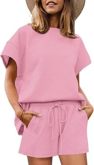 UNCLECAT Womens 2 Piece Lounge Sets Short Sleeve Tops and Shorts Travel Outfits Pajama Set with Pockets, M
