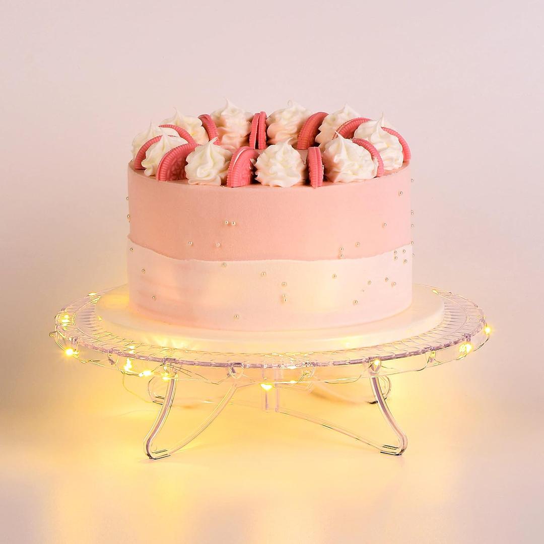 NWK 12inch Lighted Clear Cake Stand Plate Holder with String Lights Fit for 6inch, 8 inch, 10 inch, 12 inch Cakes for Wedding Birthday Cake Decorations