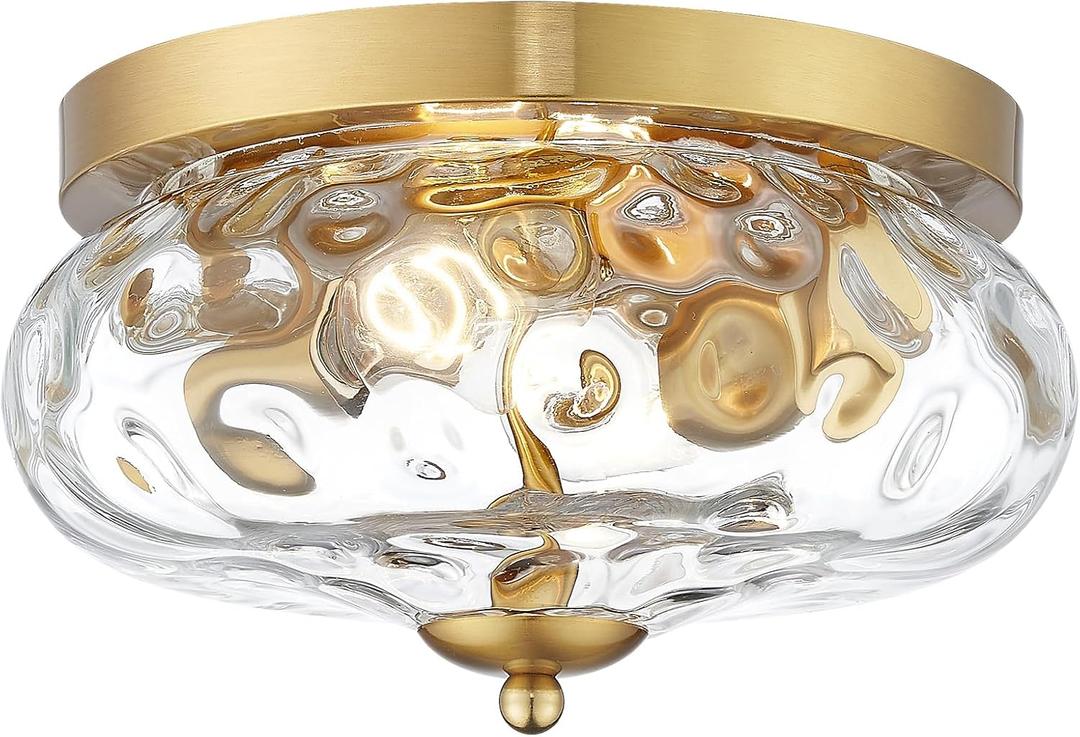 Darkaway Ceiling Light Fixtures Flush Mount Indoor Outdoor Ceiling Light with Water Ripple Glass Shade for Hallway Kitchen Bedroom Porch Living Room Gold Finish, 11inch