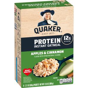Quaker Protein Instant Oatmeal, Apple Cinnamon, 12g Protein per Serving, Whole Grains, No Artificial Flavors, No Added Colors, 2.11 oz Packets, (6 Pack) (EXP 09/30/26)
