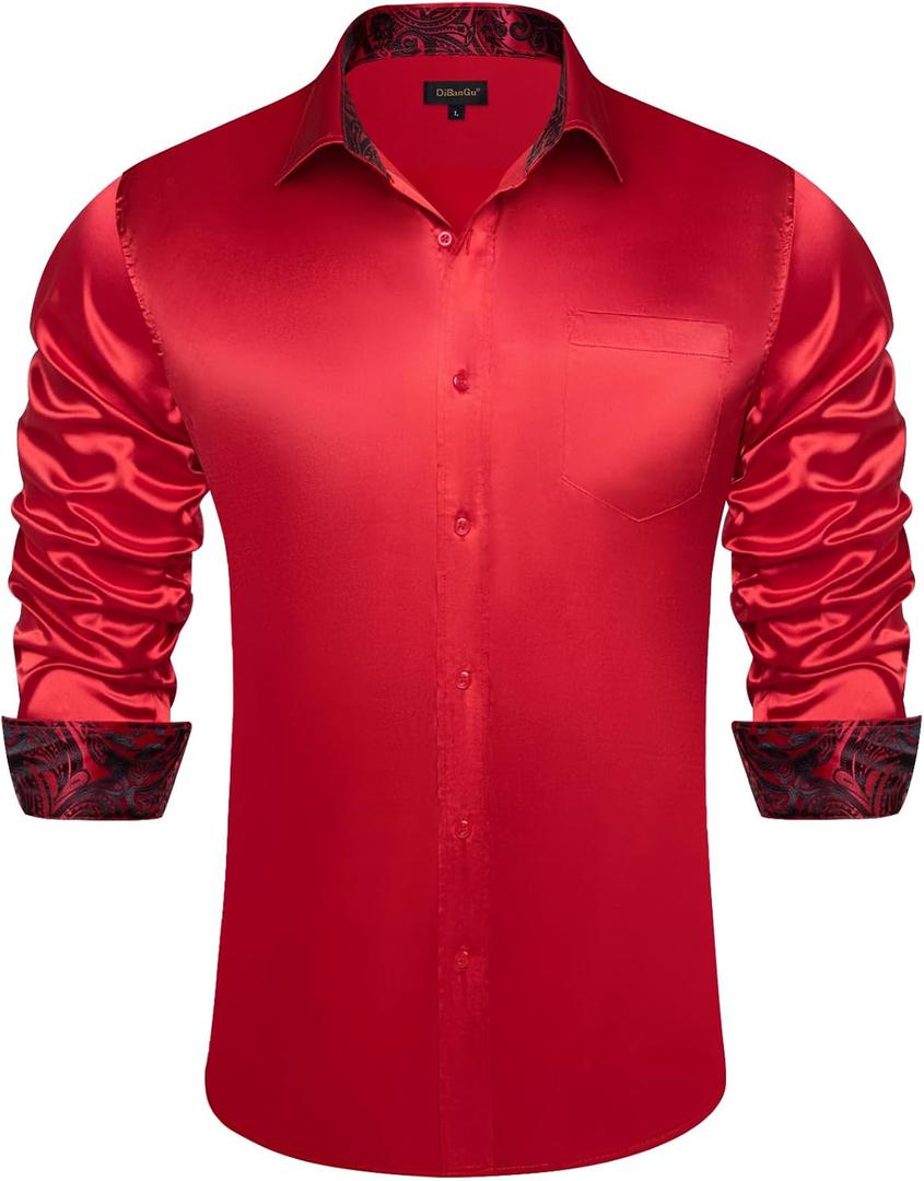 DiBanGu Mens Satin Dress Shirts Casual Long Sleeve Button Down Shirt Regular Fit Wrinkle Free Shiny Shirts for Men Party Prom (S, Satin Red)