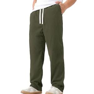 JOTOOK Mens Casual Corduroy Pants Lightweight Elastic Waist Drawstring Pants Straight Baggy Pants with Pockets Medium Army Green