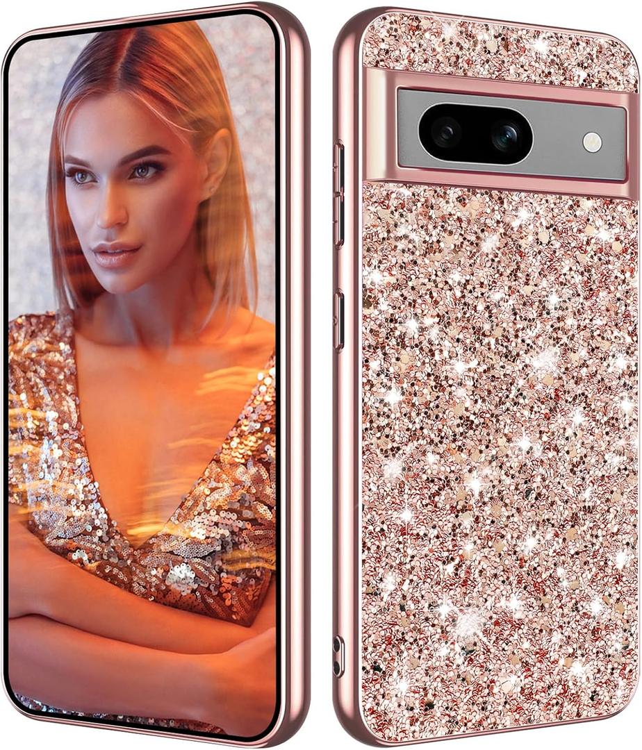 Glitter Case for Google Pixel 9/9 Pro Phone Case for Women Girls, Slim Ultra Thin Matte Back Shockproof Protective Cover for Google Pixel 9/9 Pro 5G Crystal Bling Case (Rose Gold)