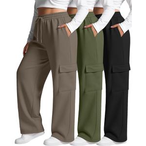 Neer 3 Pack Women's Plus Size Cargo Sweatpants Wide Leg Drawstring Bottom Pants Baggy Loose Casual Athletic Trousers (4X-Large, Black, Light Coffee, Army Green)