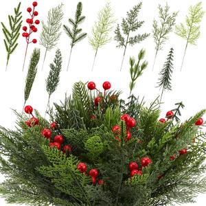 Suncalla 100 Pcs Artificial Pine Needles Christmas Greenery with Red Berry Christmas Floral Picks Artificial Greenery Pine Picks for DIY Garland Wreath Xmas Embellishing Home Garden Decoration