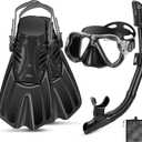 Snorkeling Gear for Adults, 4 in 1 Adult Snorkel Set with Panoramic View Snorkel Mask, Dry Top Snorkel, Adjustable Short Fins and Travel Bag, Snorkel Set with Fins for Snorkeling Diving (Black)