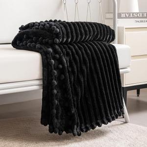 DISSA Fleece Blanket Throw Size – 51x63, Black – Soft, Plush, Fluffy, Fuzzy, Warm, Cozy – Perfect Throw for Couch, Bed, Sofa - with Pompom Fringe - Flannel Blanket Throw Blanket