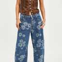 loveimgs Women Y2k Distressed Barrel Jeans Baggy Wide Leg Jeans Floral Printed Boyfriend Patchwork Denim Pants (Blue, XXL)
