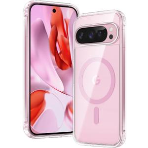 FNTCASE for Google Pixel 9 Case: Pixel 9 Pro Magnetic Non-Yellowing Clear Slim Case | Anti-Drop Shockproof Scratch Protective Thin Transparent Crystal Cell Phone Cover(Clear-Pink)