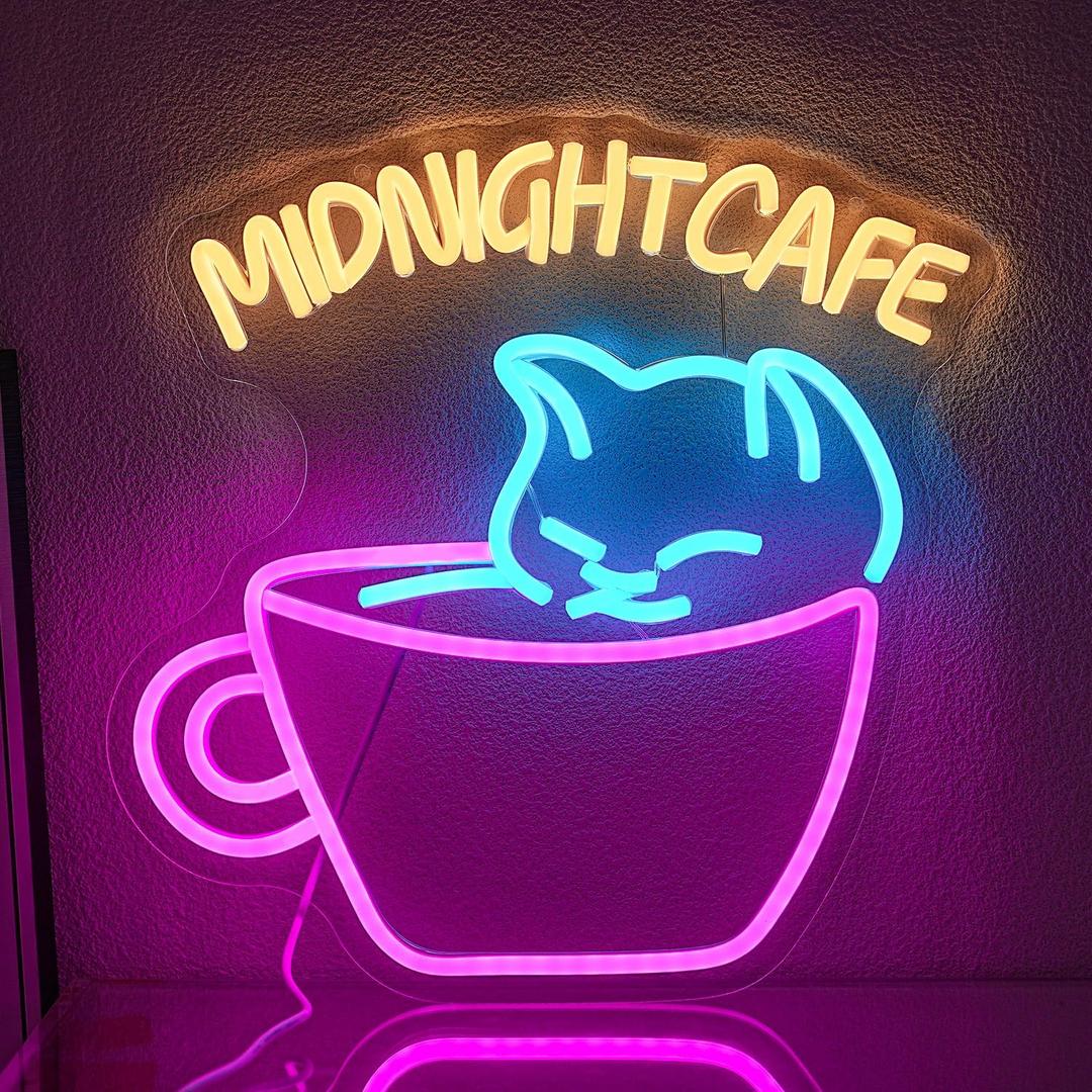 Coffee Neon Sign for Wall Decor Cat Neon Light Midnight Cafe Led Neon Signs Colorful LED Neon Lights for Coffee Shop Dessert Shop Bakery Cafe Dcoration