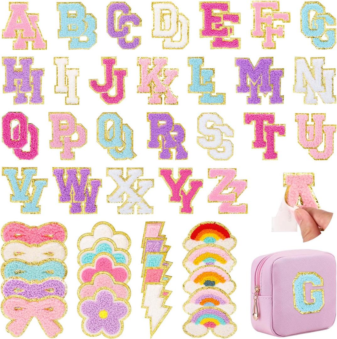 72 Pcs Preppy Chenille Patches Self Adhesive Embroidered for DIY Clothing,Include 52 A-Z Chenille Letter Patches Stickers,20 Rainbow Flower Lighting Bowknot Stick on Patches for Bags Backpacks Hats
