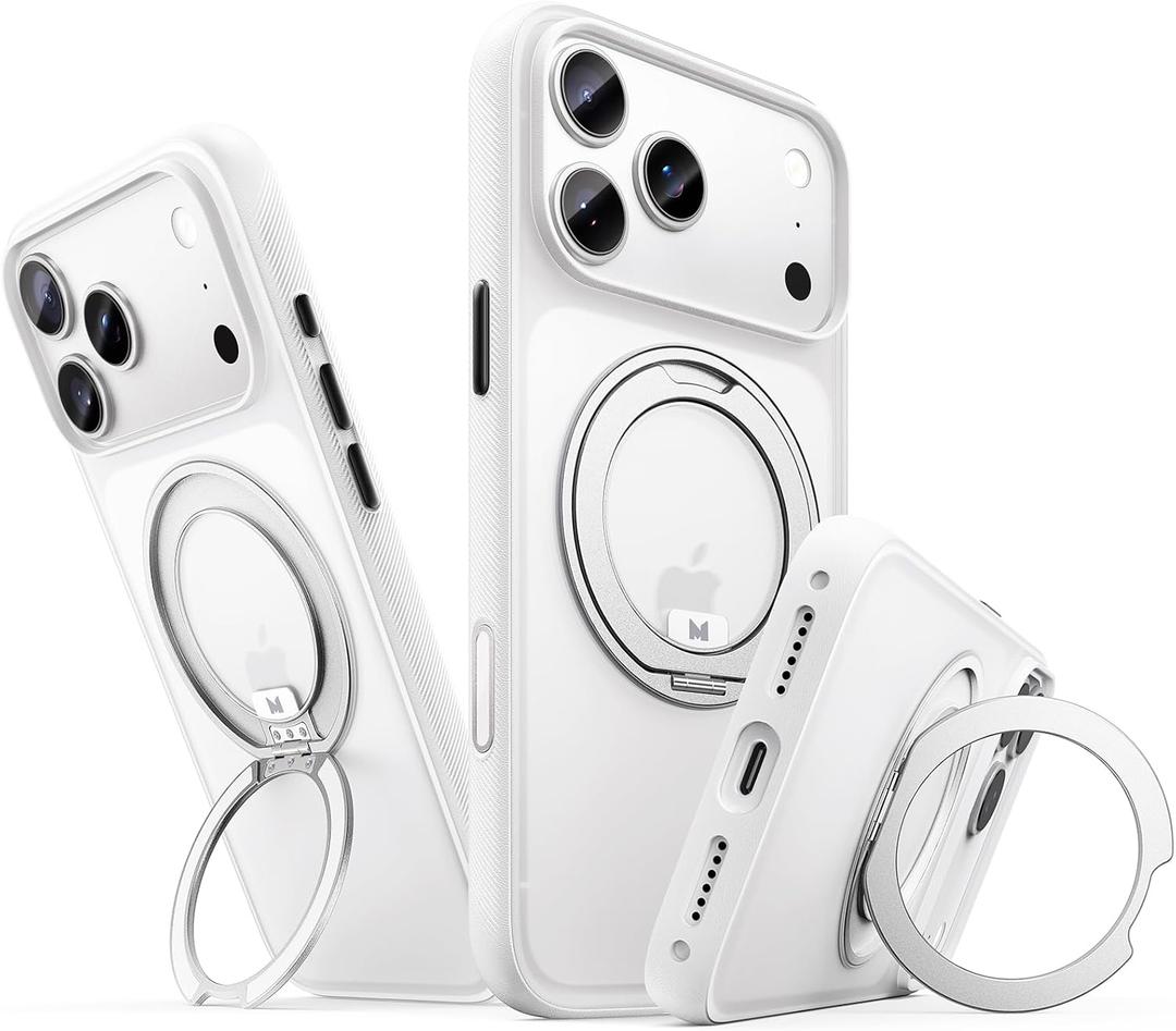 Maledan for iPhone 17 Pro Max Case with Magnetic Stand [MagSafe Compatible], Military Grade Drop Protection 360° Spin Ring, Grip Texture Slim Translucent Camera Control Cover Case for 17 Pro Max White