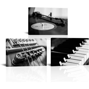 AoArtWZ Music Canvas Wall Art Guitar Piano Vinyl Record Picture Prints Black and White Instrument Poster Artwork for Home Living Room Bedroom Modern Decor Framed (16" x 24" x 3Pcs)