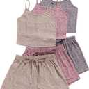 GORGLITTER Women's 3 Sets Ribbed Pajamas Set Sleeveless Crop Top and Tie Front Shorts Lounge Set Sleepwear Loungewear (Medium, Khaki Pink Purple)