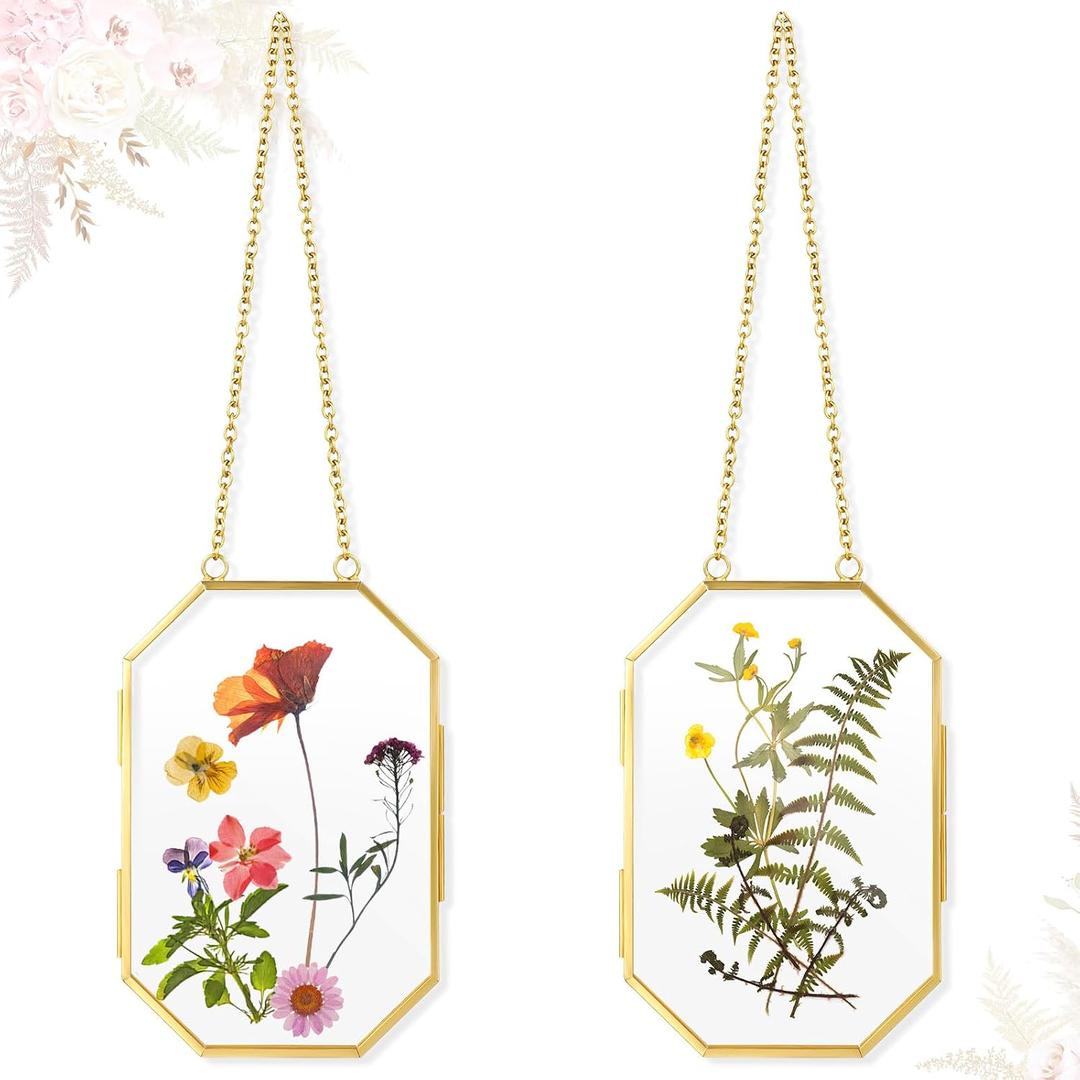 Qunclay Mothers Day Gift for Mom - 2 Pack Pressed Floating Flower Frame, Double Glass Wall Hanging Frame with Chain for Dried Flowers, Botanical Art, DIY Craft, Gift for Women(Gold,3.5 x 2.5 Inch)