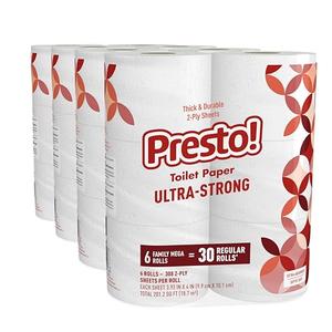 Presto! Ultra-Strong 2-Ply Toilet Paper, 24 Mega Rolls = 120 Regular Rolls, 308 Sheets Per Roll, Unscented
