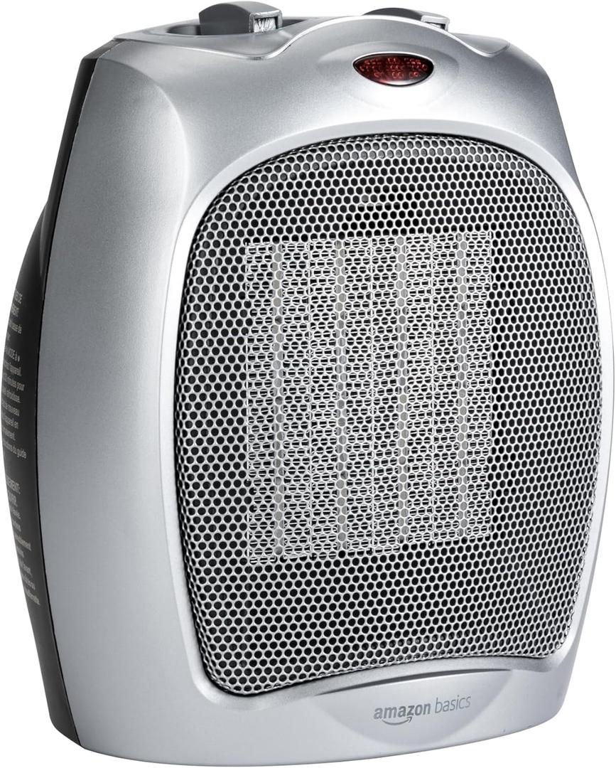 Amazon Basics Ceramic Space Heater, Portable Indoor Heating Solution, With Overheat and Tip-Over Protection, Thermostat, Non-Oscillating, 1500W, 7.52"D x 6.34"W x 9.45"H, Silver