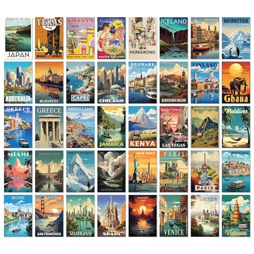 97 Decor Vintage Travel Decor For Home - 40 Pcs Vintage Travel Posters For Classroom, Around The World Wall Art Prints, Retro Geography Destination Collage For Bedroom Dorm Decorations (4x6)