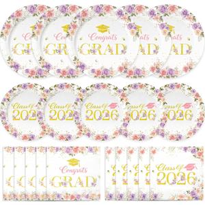 Class of 2026 Graduation Plates and Napkins, 200Pcs Floral Pink Gold Disposable Tableware Set, Congrats Grad Party Supplies for 50 Guests, Dinner & Dessert Plates, Small , Large