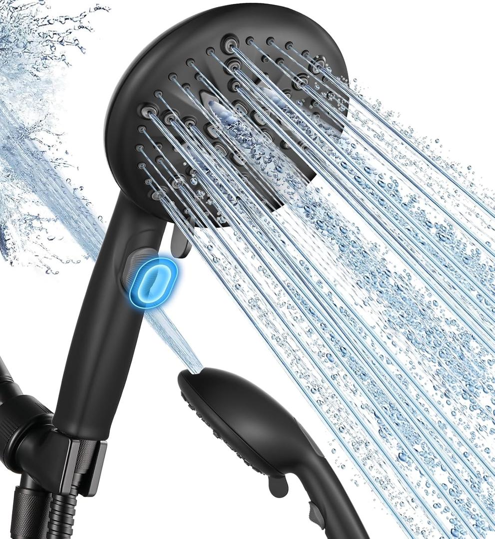 Cobbe 9-Function Shower Head with Built-in Power Spray, 1.8 GPM Water Saving ON/OFF Toggle Switch, High Pressure Handheld Showerhead with 1-Click Pause Button, Brass Bracket & 6ft Hose, Black