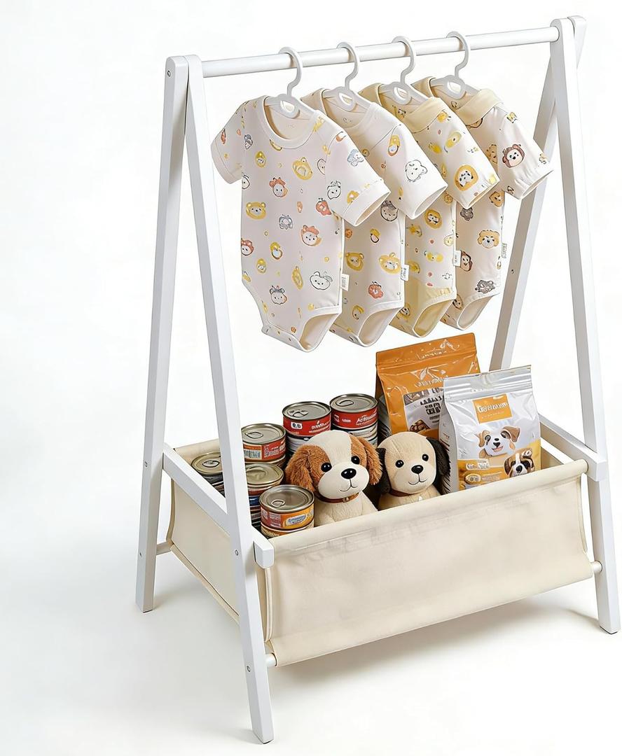 Baby Clothing Rack for Baby Shower, Pets Clothes Rack with Storage Box & Hanging Rod for Dogs/Cats, Mini Dolls Closet Rack, Bamboo Baby Shower Rack for Nursery Room (White)