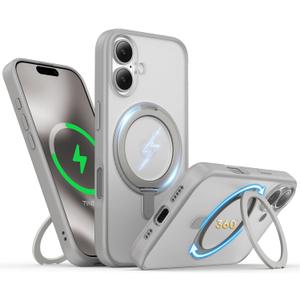 Niunisi for iPhone 17 Case 6.3-Inch with Magnetic 360 Ring Stand Compatible with MagSafe Frosted Matte Shockproof Protective Phone Cover 6.3" 2025, Gray