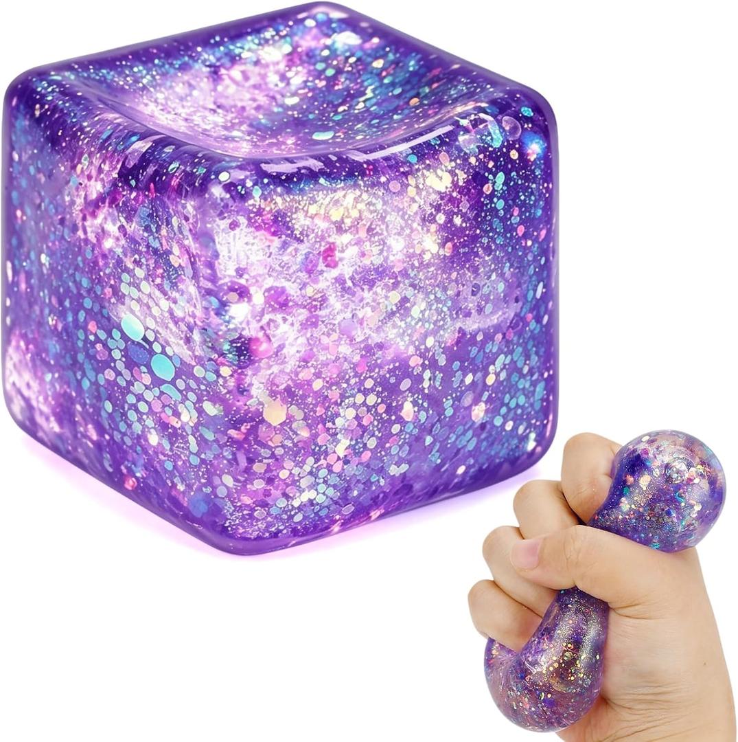 3 x Glitter Ice Cube Squishy Fidget Toys, Squishy Cube Stress Balls for Adults & Kids, Slow Rising Stress Relief Toys, Squeeze Ball Filled with Thick Substance and Glitter (Purple)