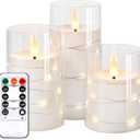 NURADA Flickering Flameless Candles: Built-in Star String Lights Acrylic 3D Wick Battery Operated LED Pillar Candles with Remote and Timer for Romantic Mood Home Decoration - 3 Pack Pure White (4''5''6")